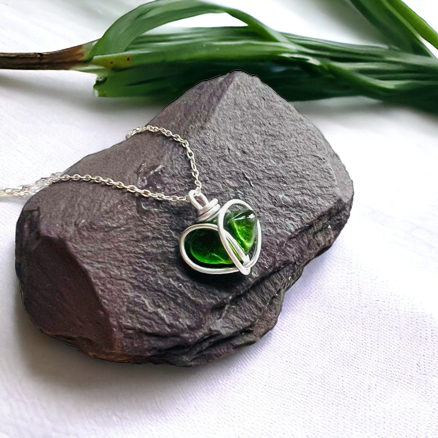 Bright Green Seaham Sea Glass Heart Pendant