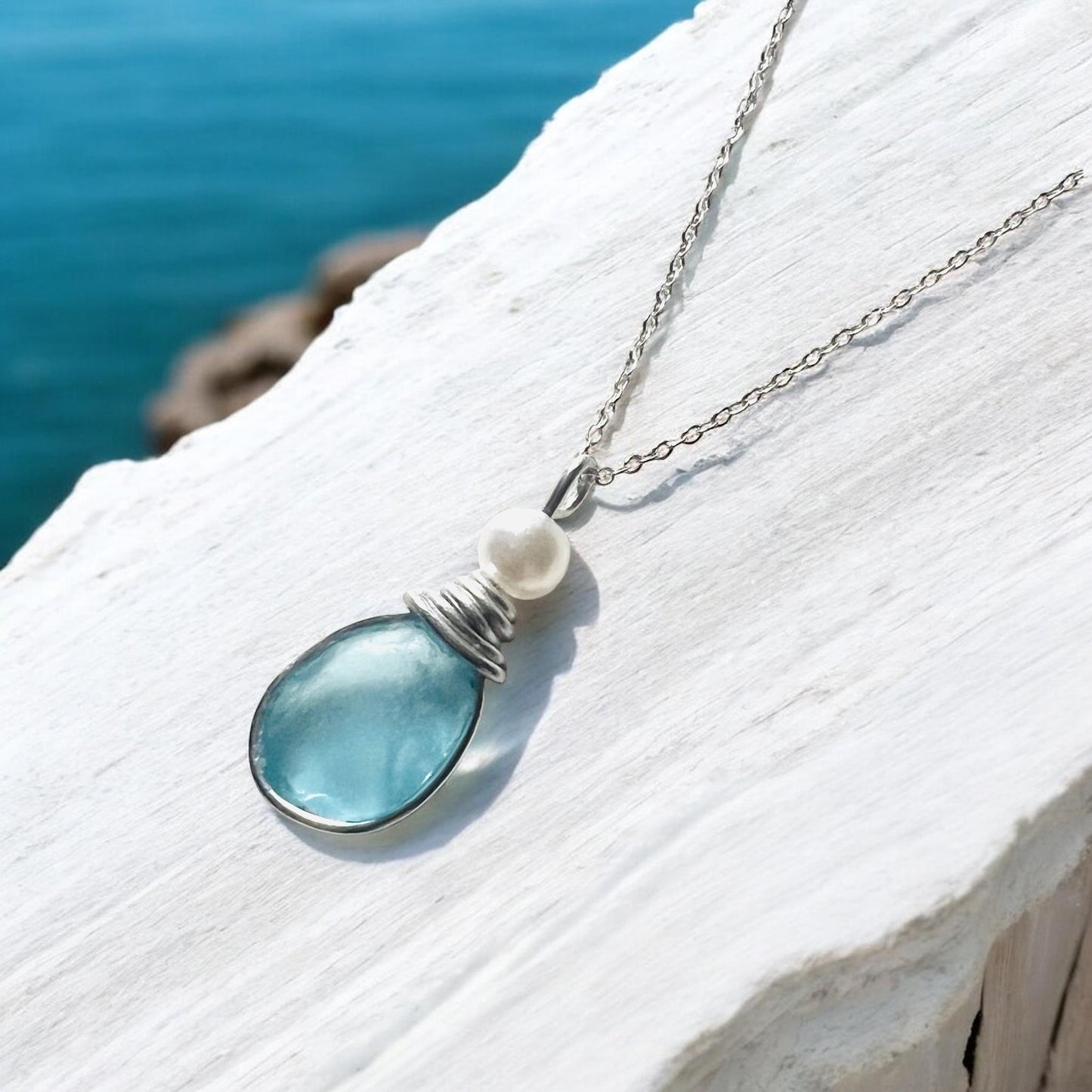 Pale Bright Blue Seaham Sea Glass Pendant