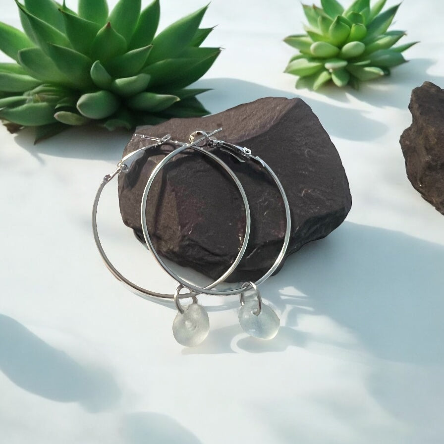 Pale Dusky Blue/Gray Seaham Sea Glass Hoop Earrings