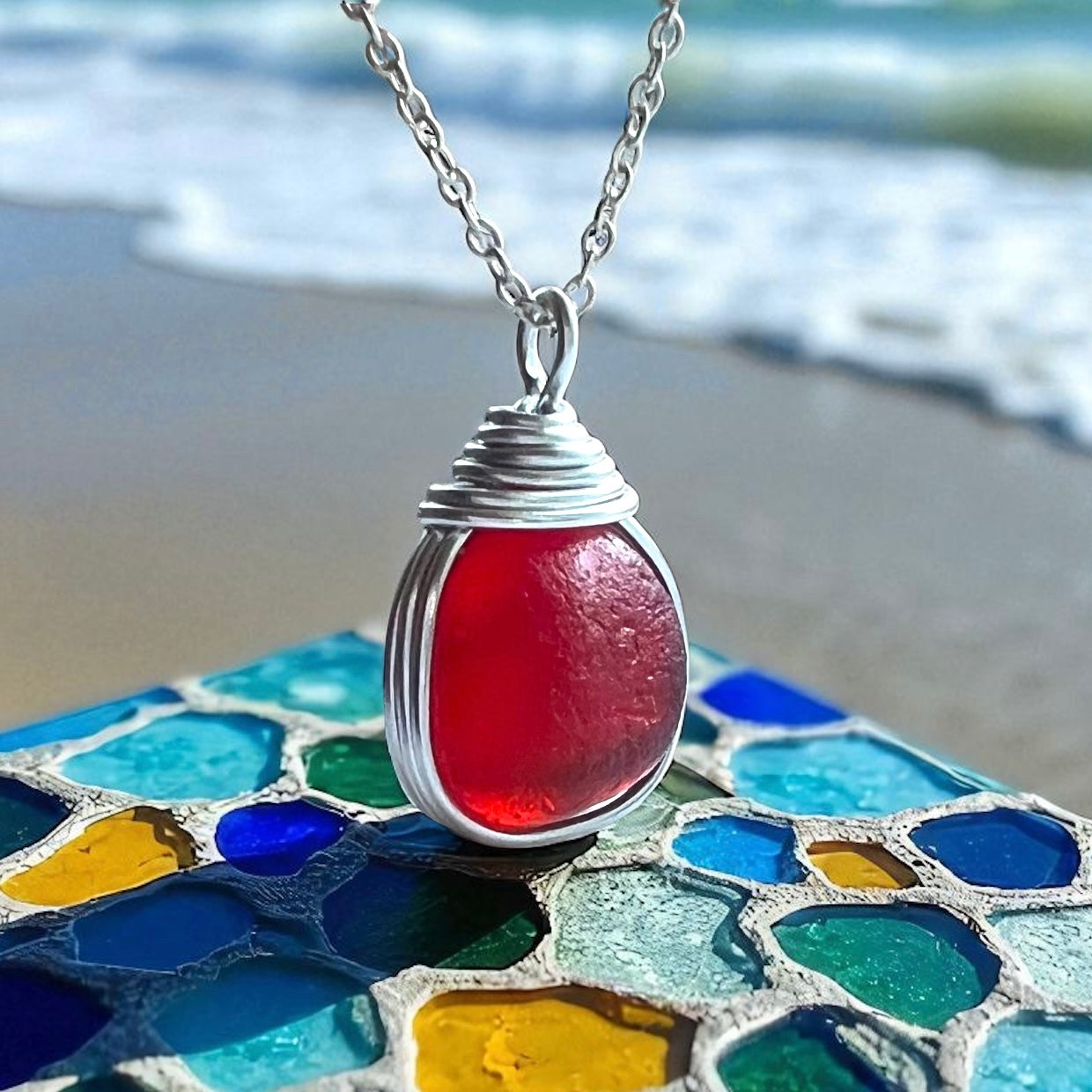Large Very Rare Red and Orange Seaham Sea Glass Pendant