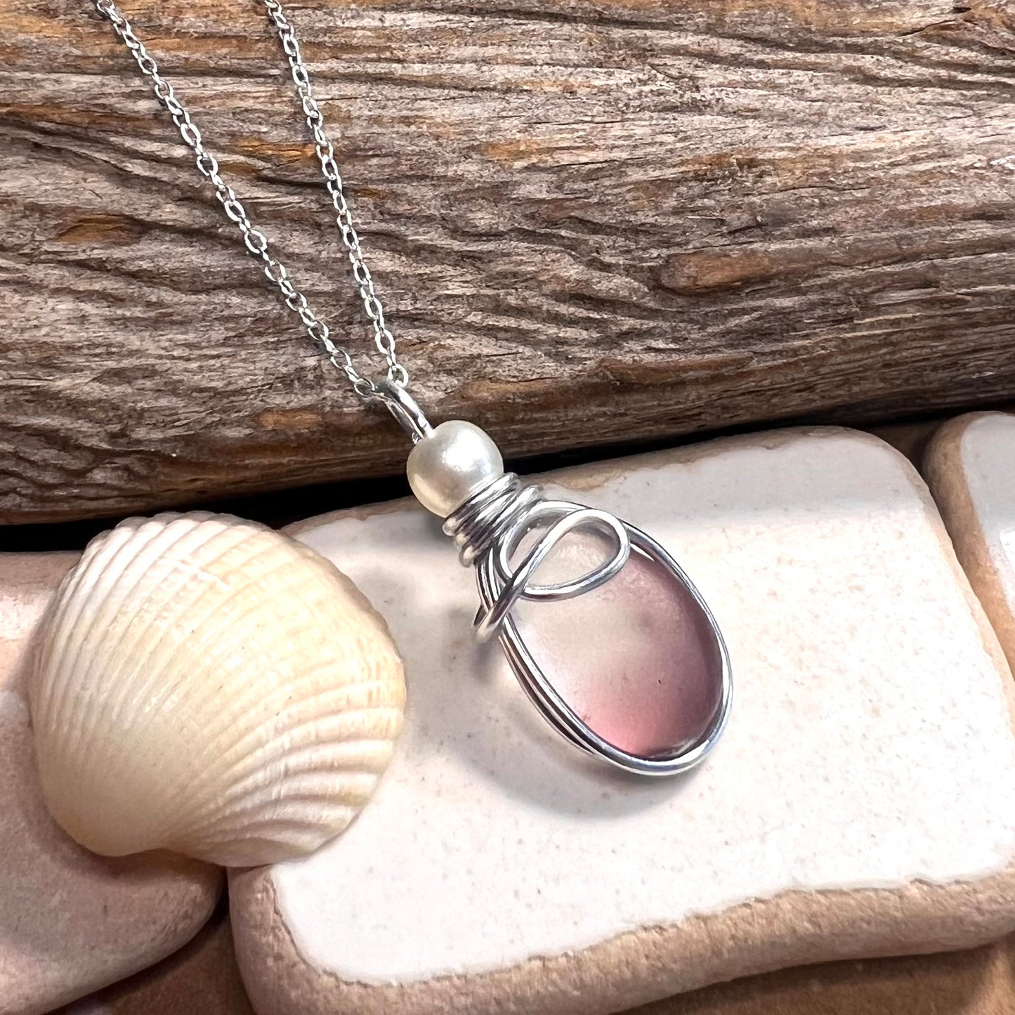 Mauve & White Seaham Sea Glass Multi Pendant