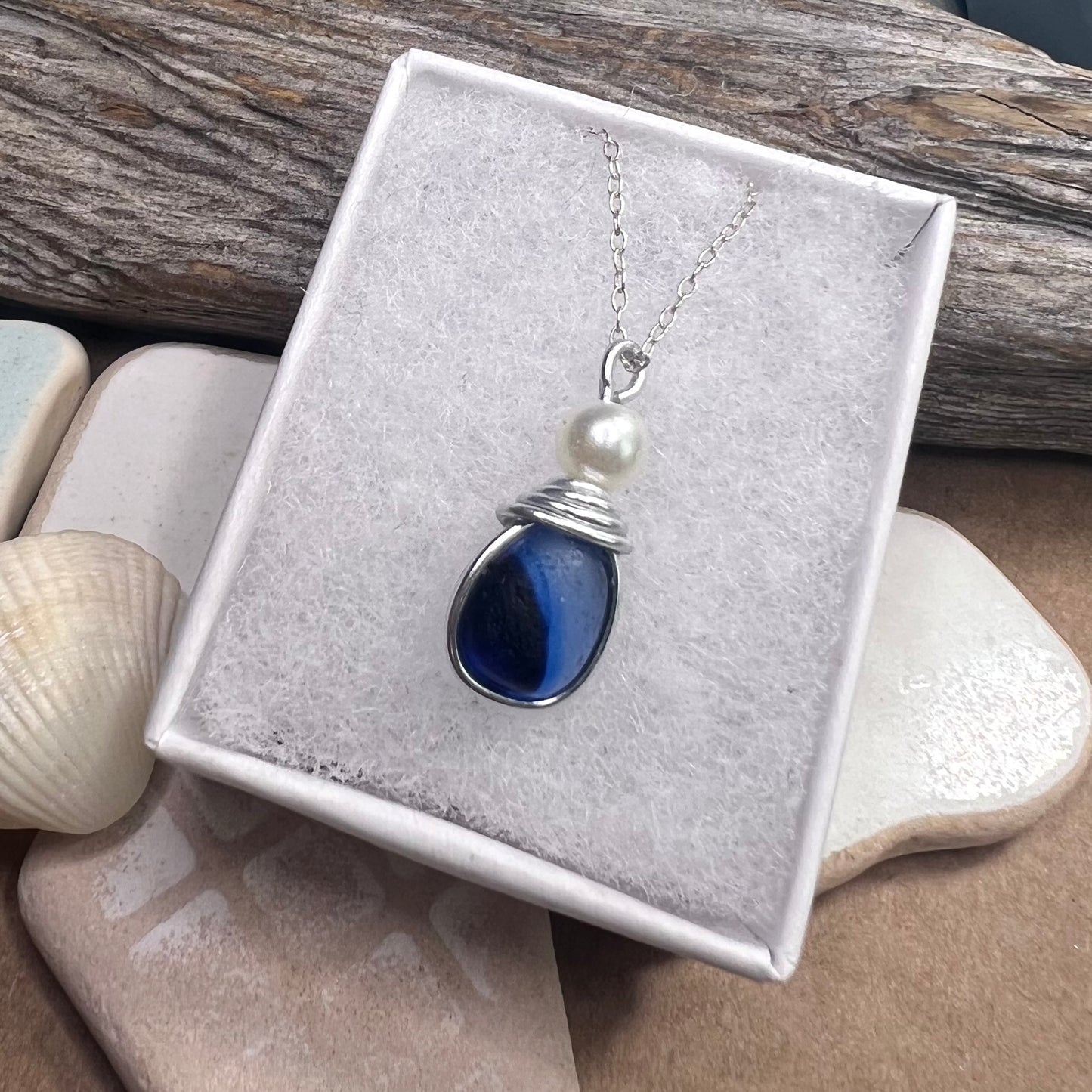 Seaham Sea Glass Multi Tone Blues  Pendant