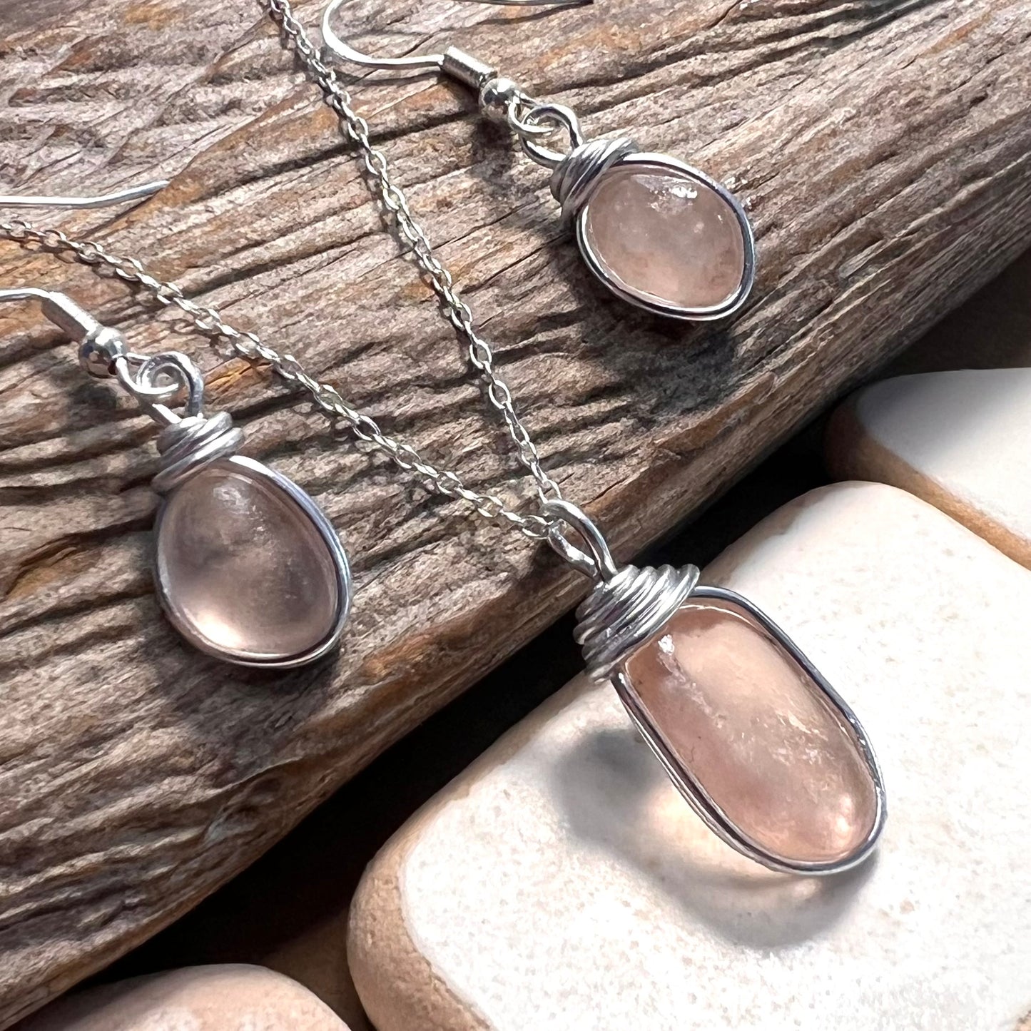 Pale Peach Pink Seaham Sea Glass Jewellery Set