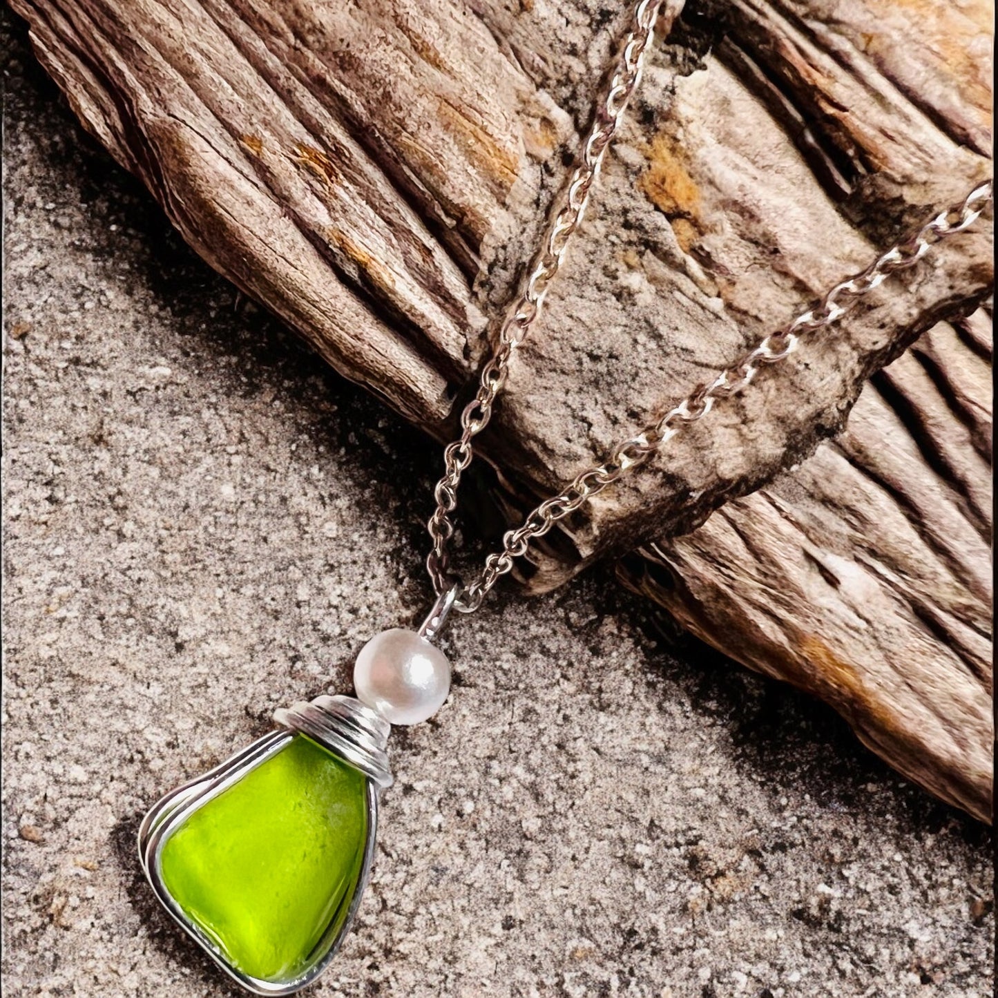 Rare Neon Bright Lime Green Seaham Sea Glass Pendant
