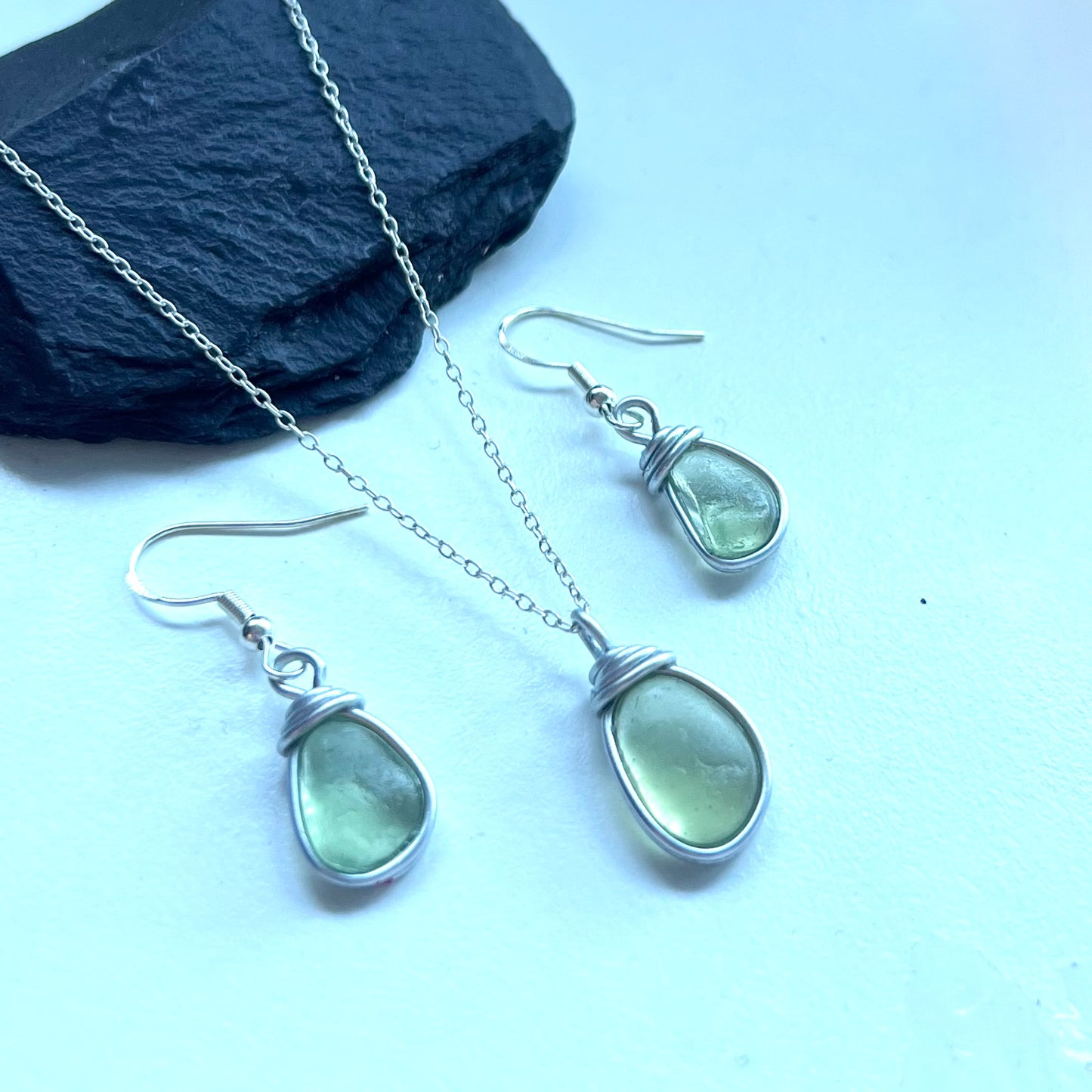 Pale Green Seaham Sea Glass Jewellery Set