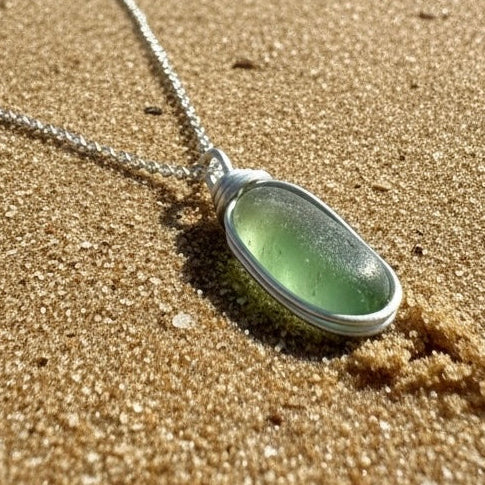 Pale Green Cornish Sea Glass Heart Pendant