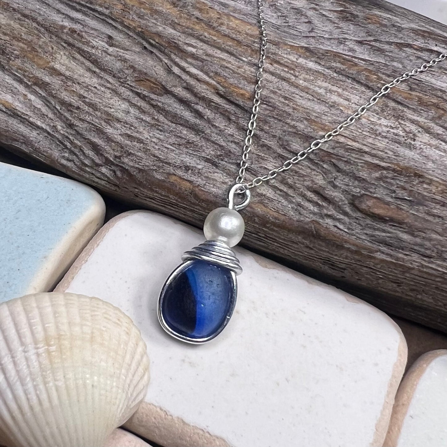 Seaham Sea Glass Multi Tone Blues  Pendant