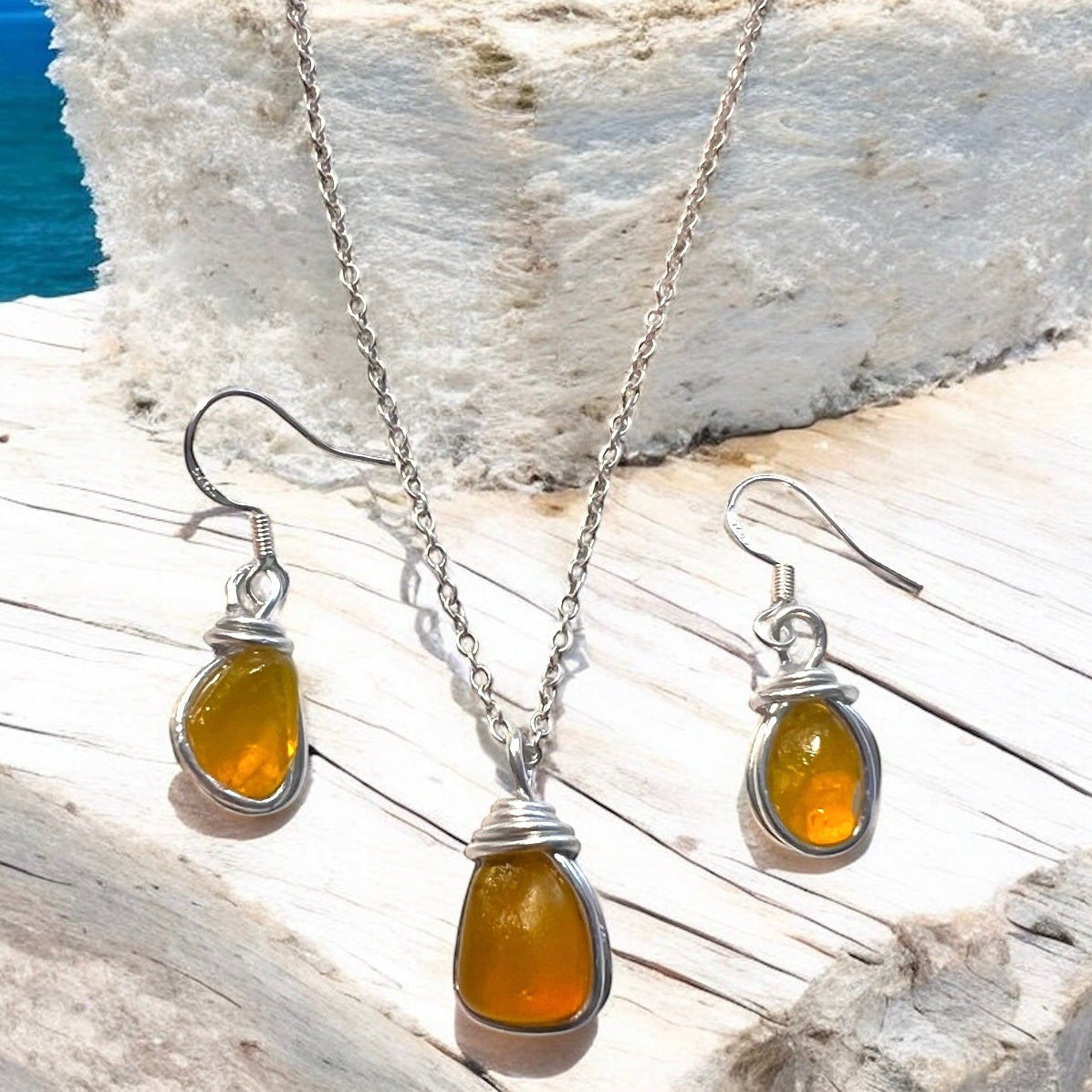 Rare Yellow Seaham Sea Glass Jewellery Set