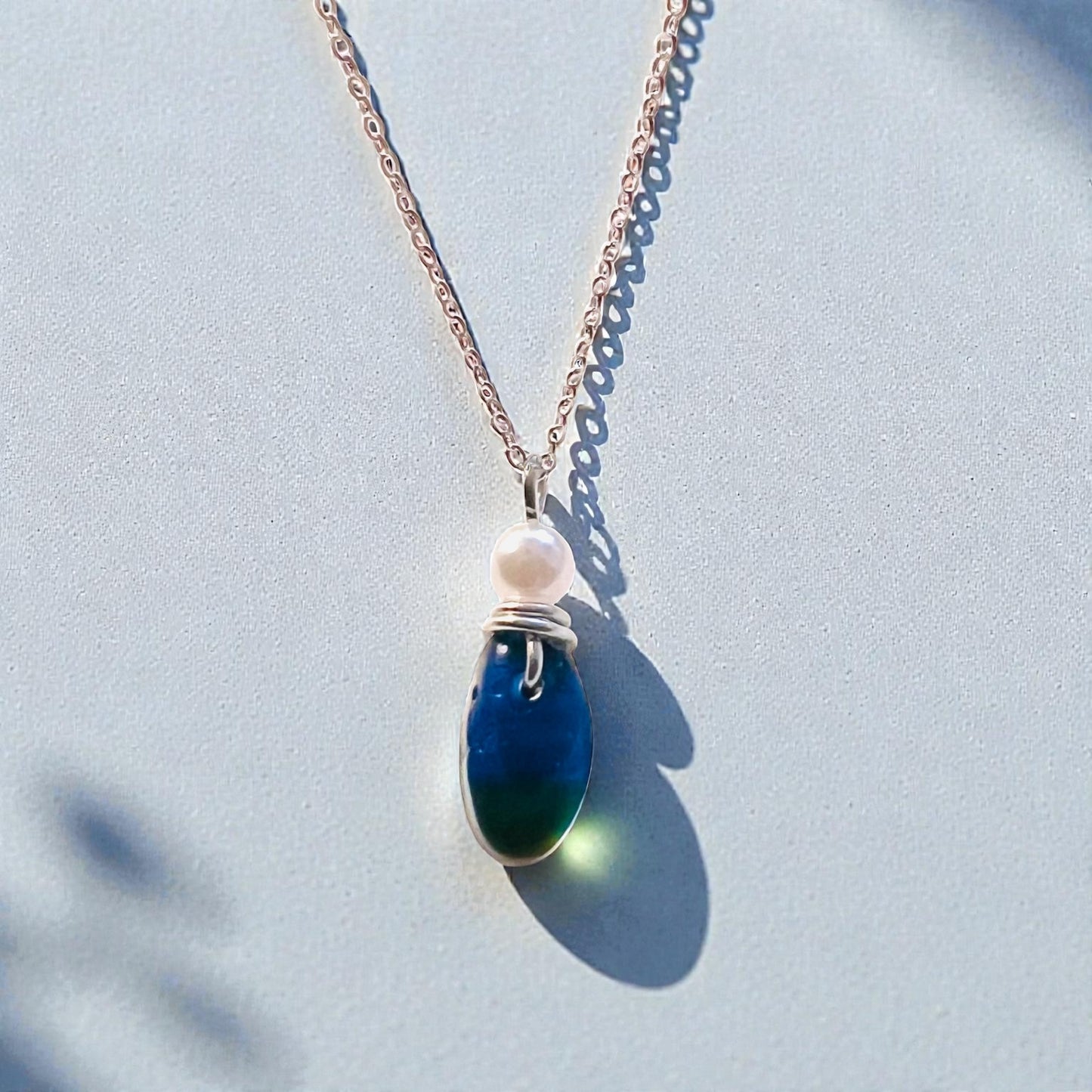 Deep Blue and Green Seaham Sea Glass Multi Pendant