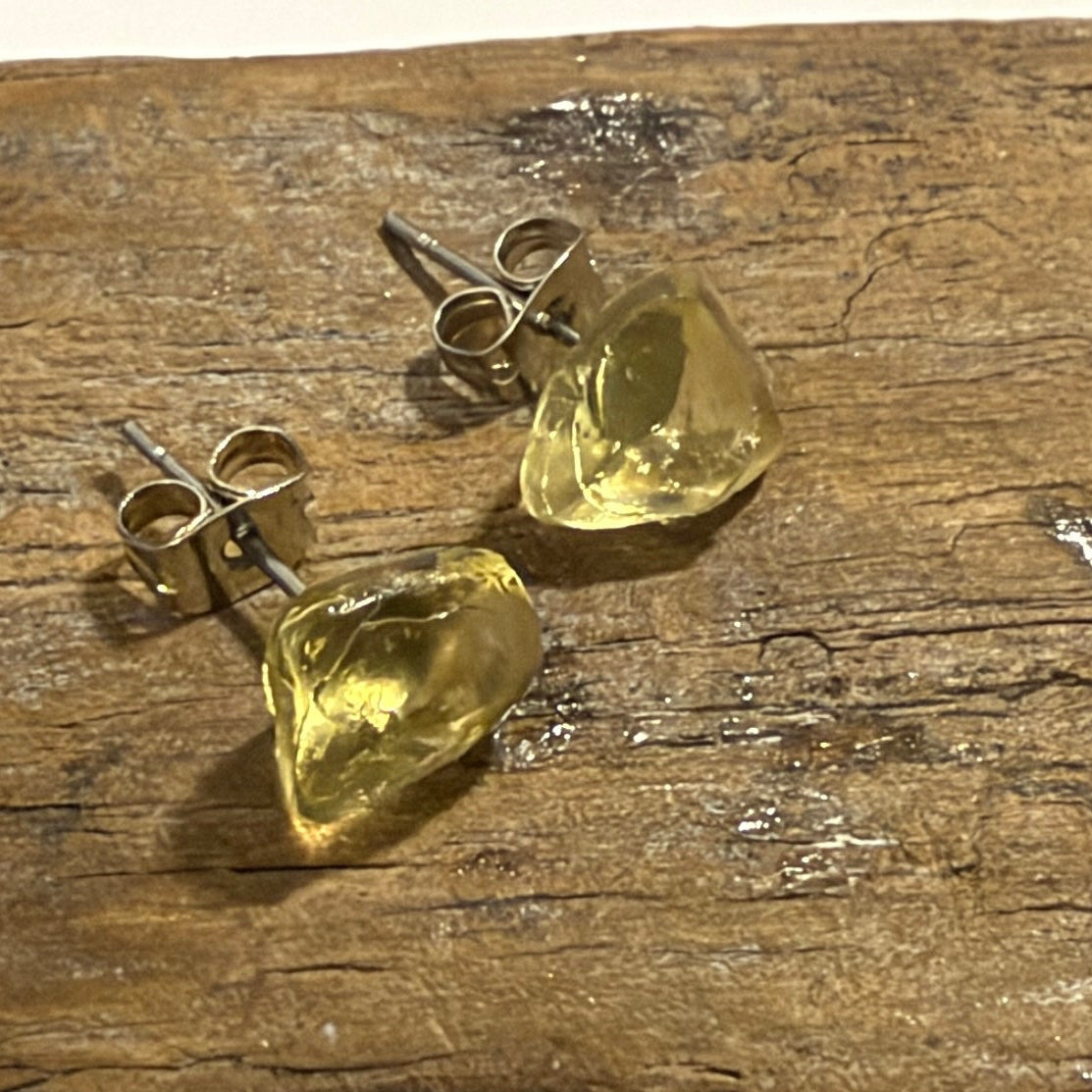 Rare Pale Yellow Spanish Sea Glass Stud Earrings