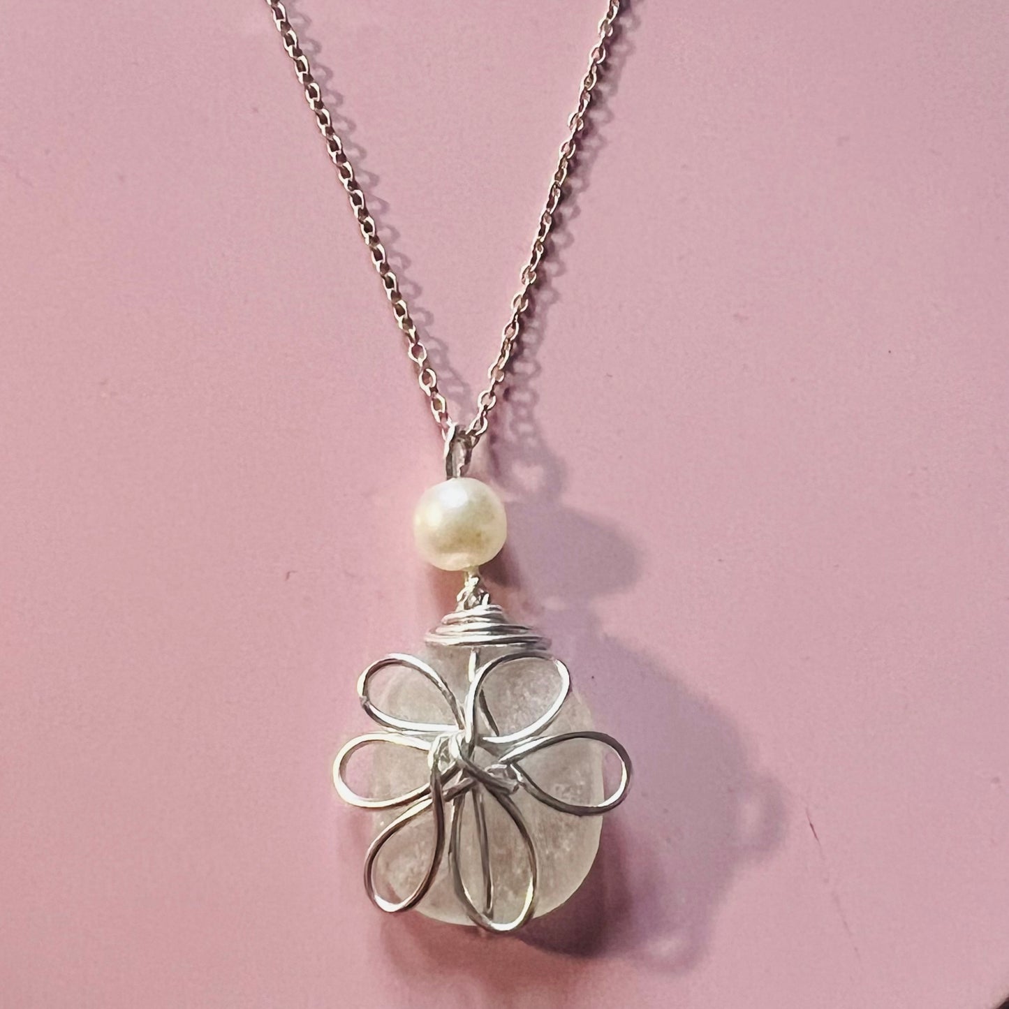 Frosty White Sea Glass Flower Pendant