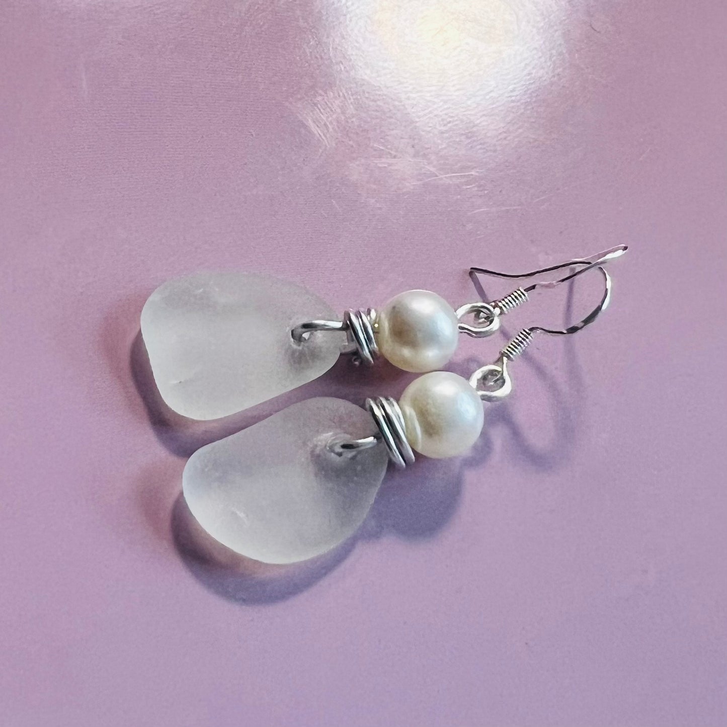 Frosty White Seaham Sea Glass Heart Earrings