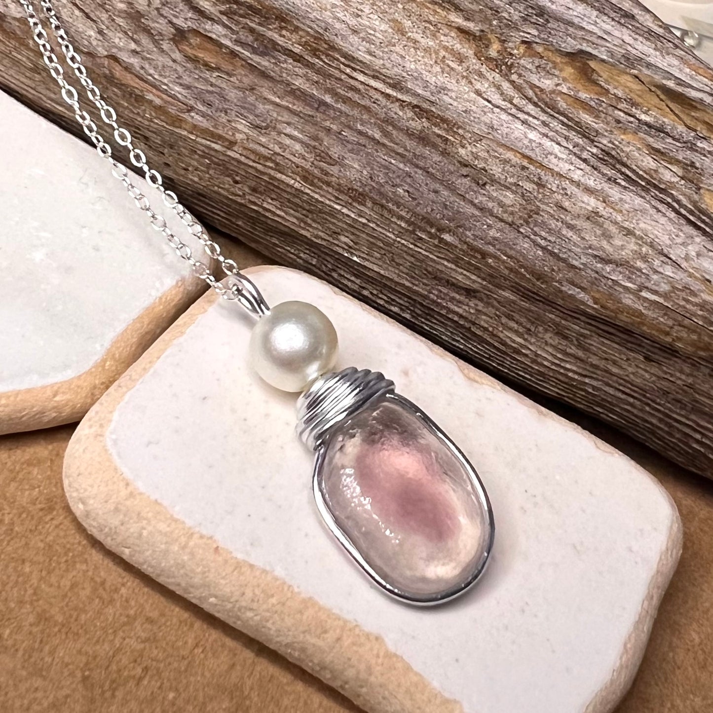 Pale Pale Pink & White Seaham Sea Glass Multi Pendant