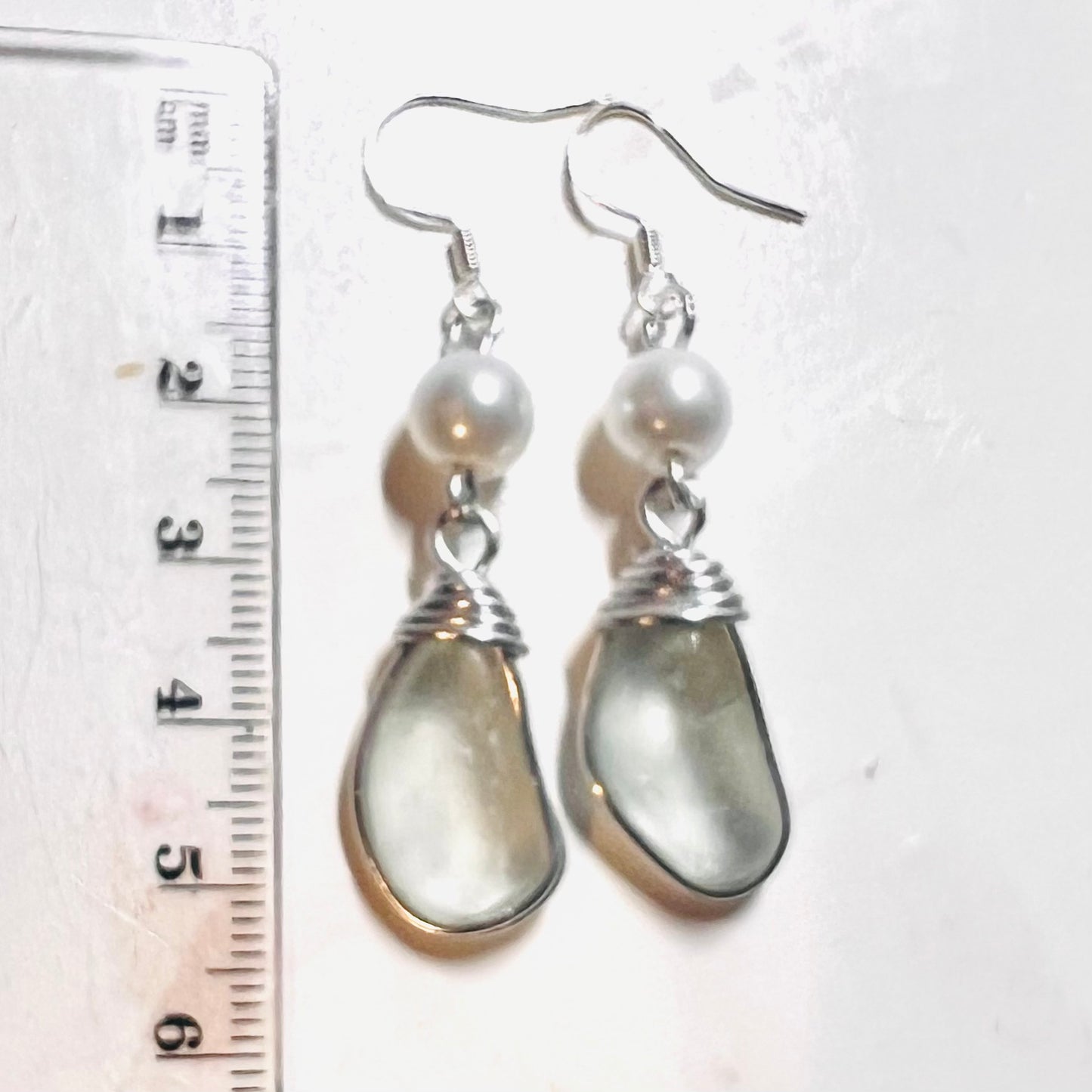 Sea Glass & Pearl Glass Bead Long Drop Earrings