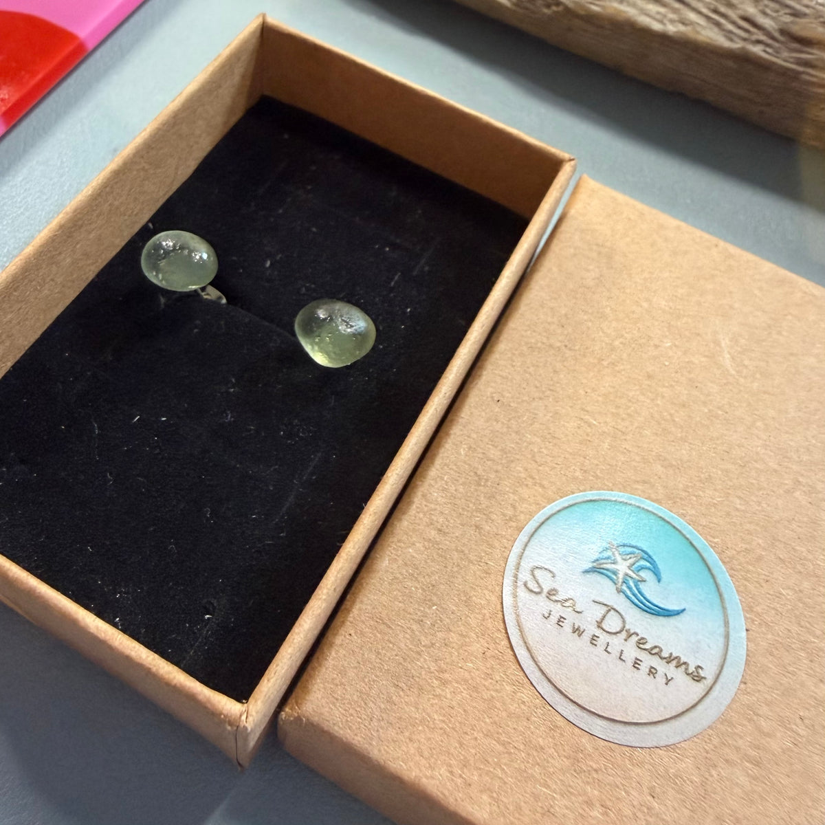 Pale Aqua Green Seaham Glass Stud Earrings