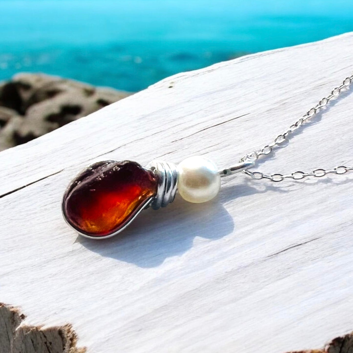Rare Deep Red/Orange Seaham Sea Glass  Pendant