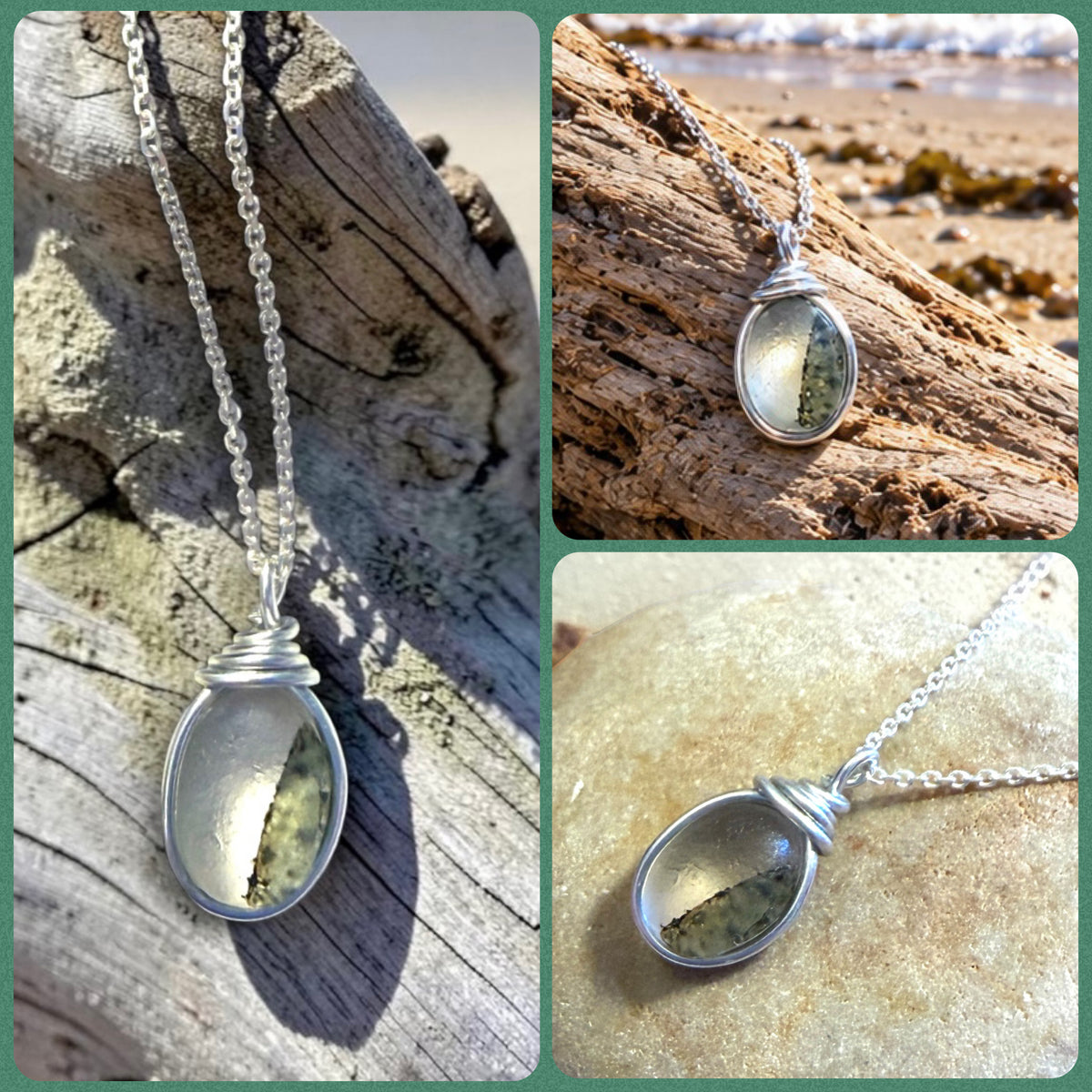Small Olive and White Seaham Sea Glass Speckled Multi Pendant