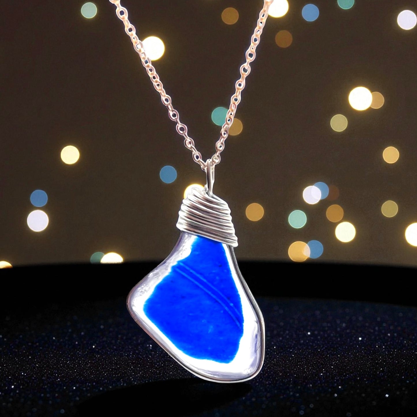 Canary Island Large Blue and White Sea Glass Pendant