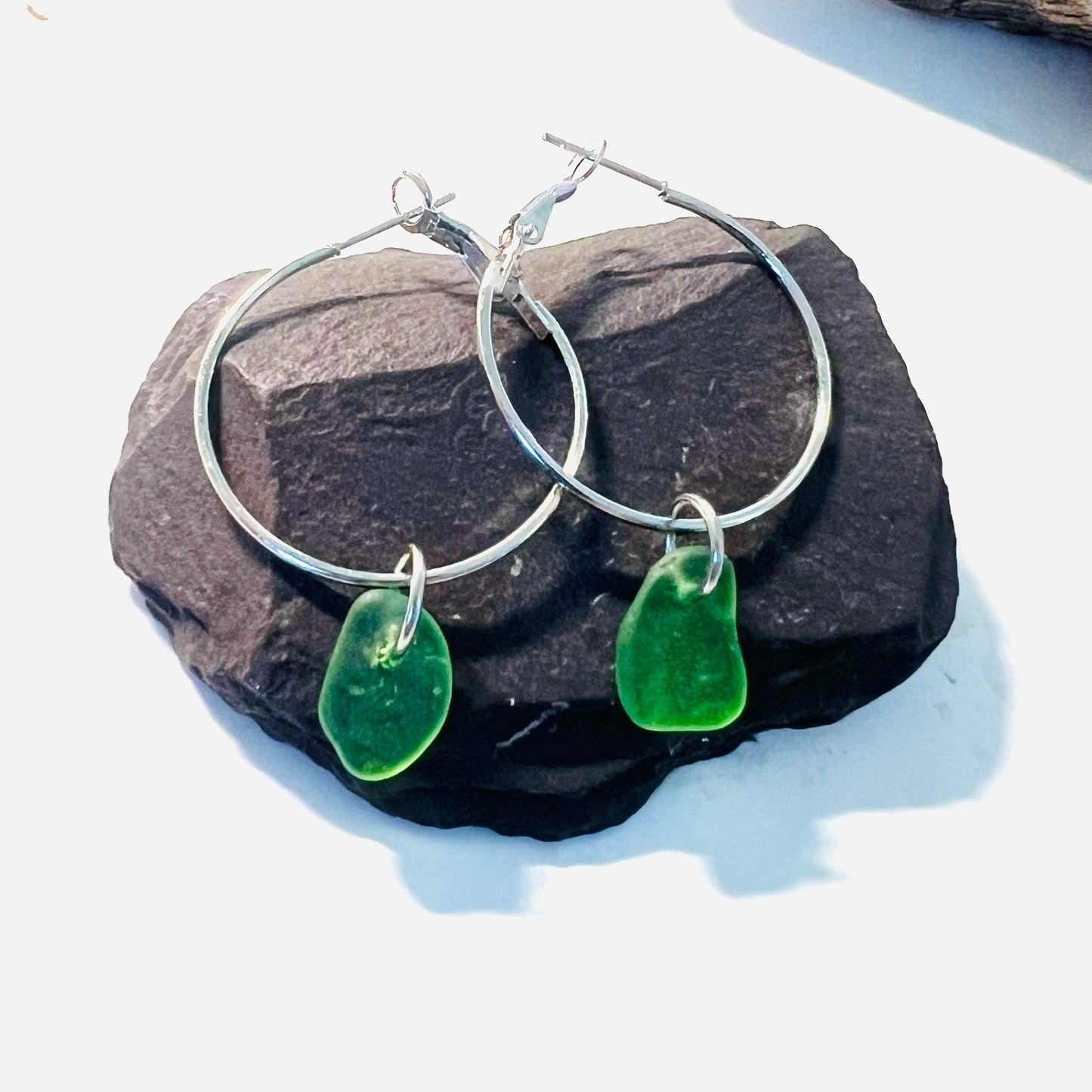 Bright Green Cornish Sea Glass Hoop Earrings