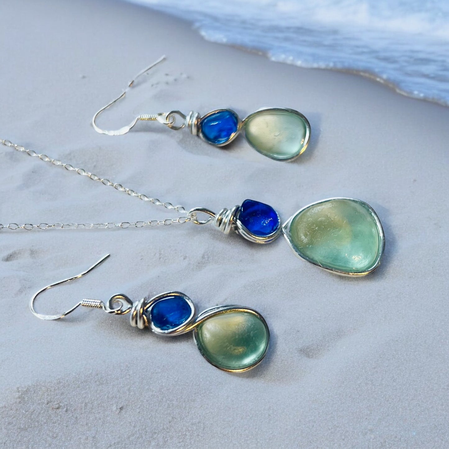 Aqua and Blue Seaham Sea Glass Jewellery Set