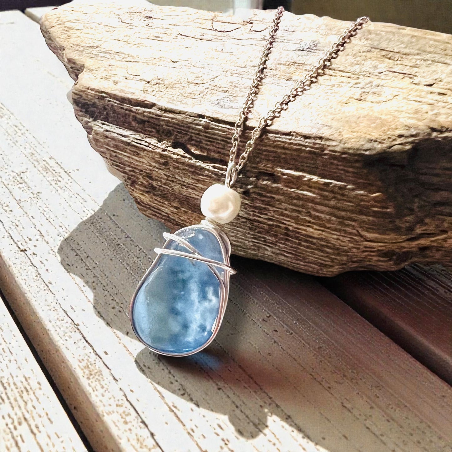 Large Dusky Blue Seaham Sea Glass Pendant