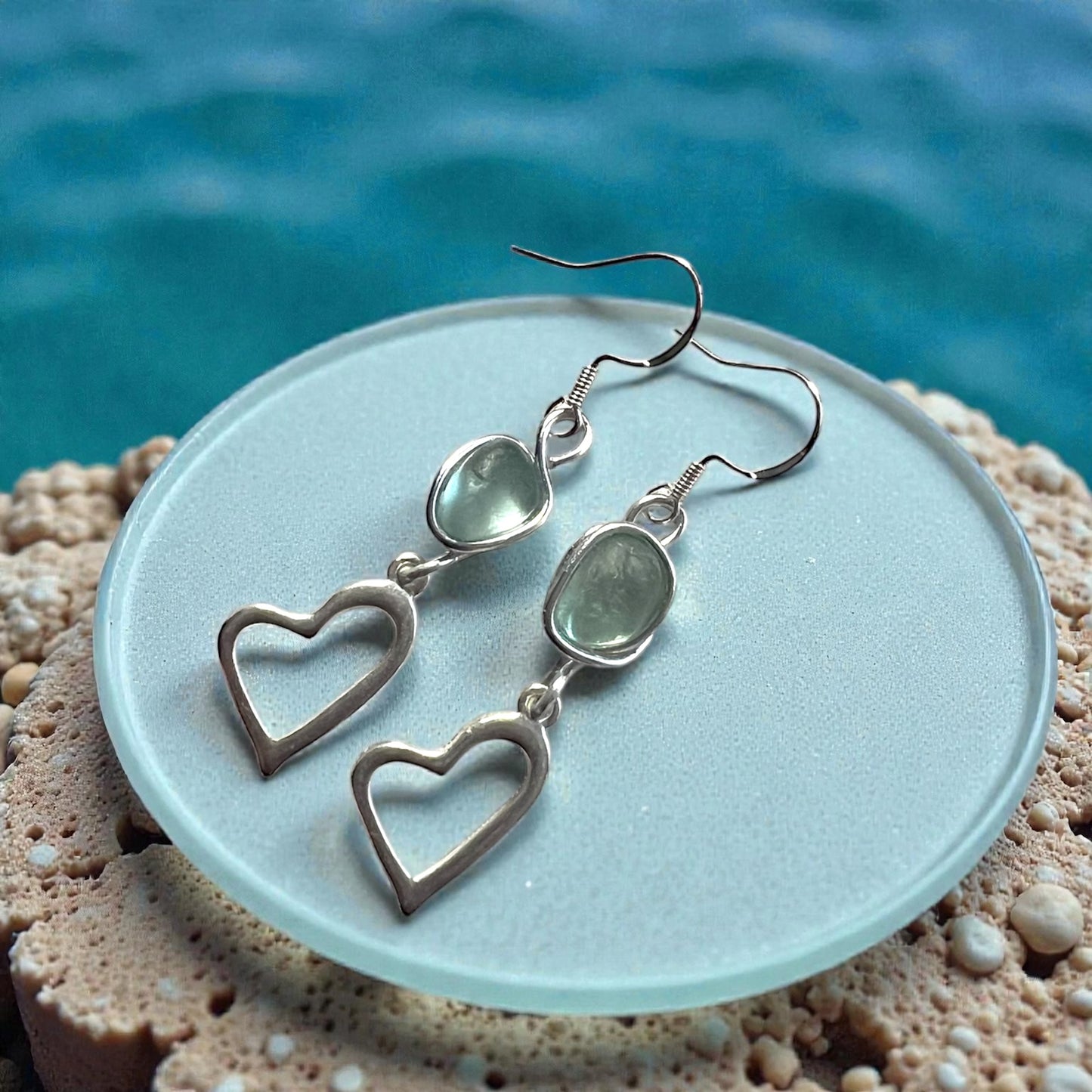 Sea Glass and Heart Dangly Earrings