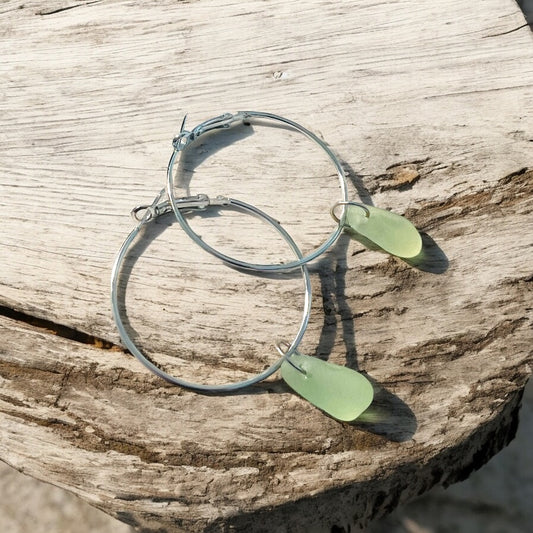 Pale Green Seaham Sea Glass Hoop Earrings