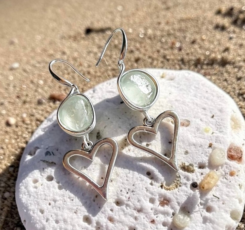 Seaham Sea Glass and Heart Dangly Earrings