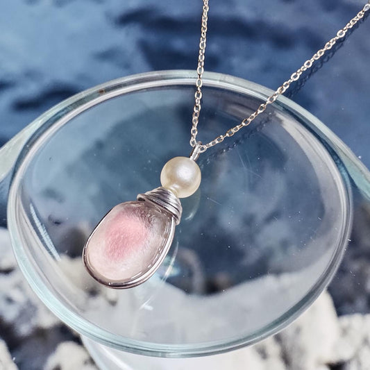 Pale Pale Pink & White Seaham Sea Glass Multi Pendant