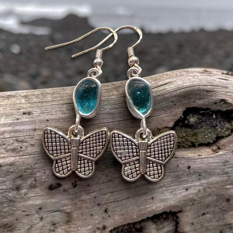 Blue Seaham Sea Glass Butterfly Charm Earrings