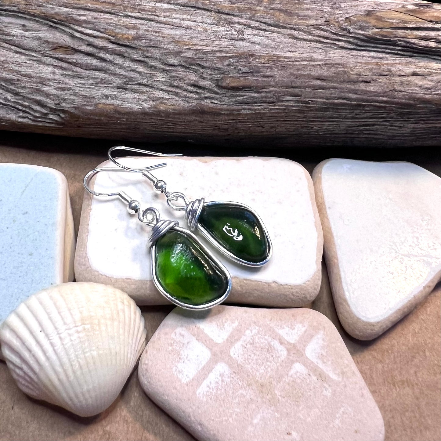 Bright Green Seaham Sea Glass Earrings