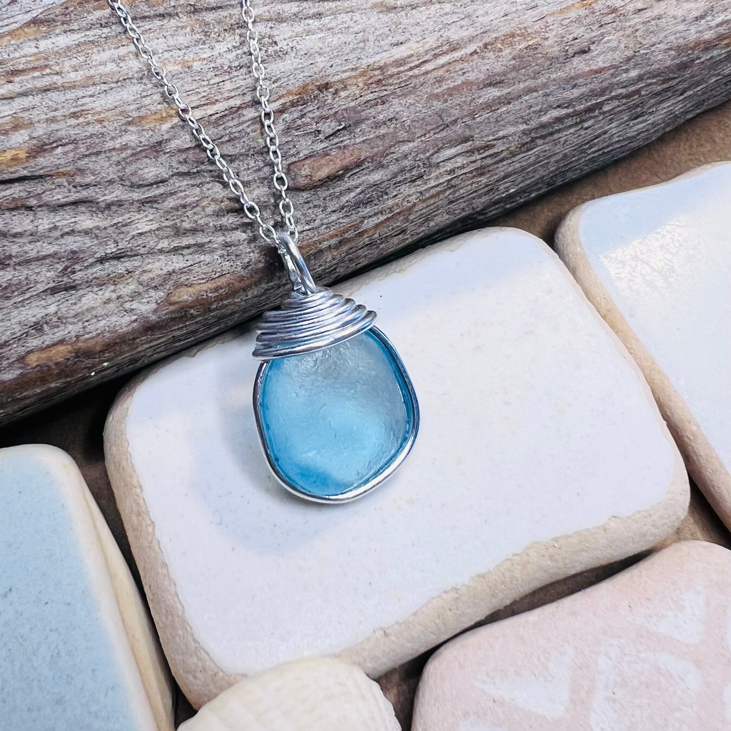 Bright Aqua Blue Seaham Sea Glass Pendant