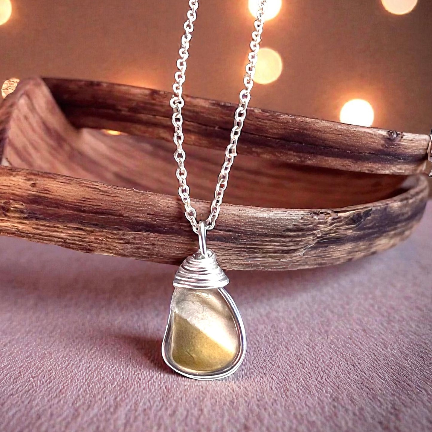 Rare Olive Stripes Green Seaham Sea Glass Chunky Pendant