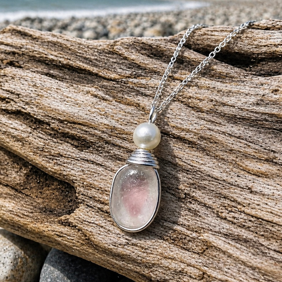 Pale Pale Pink & White Seaham Sea Glass Multi Pendant