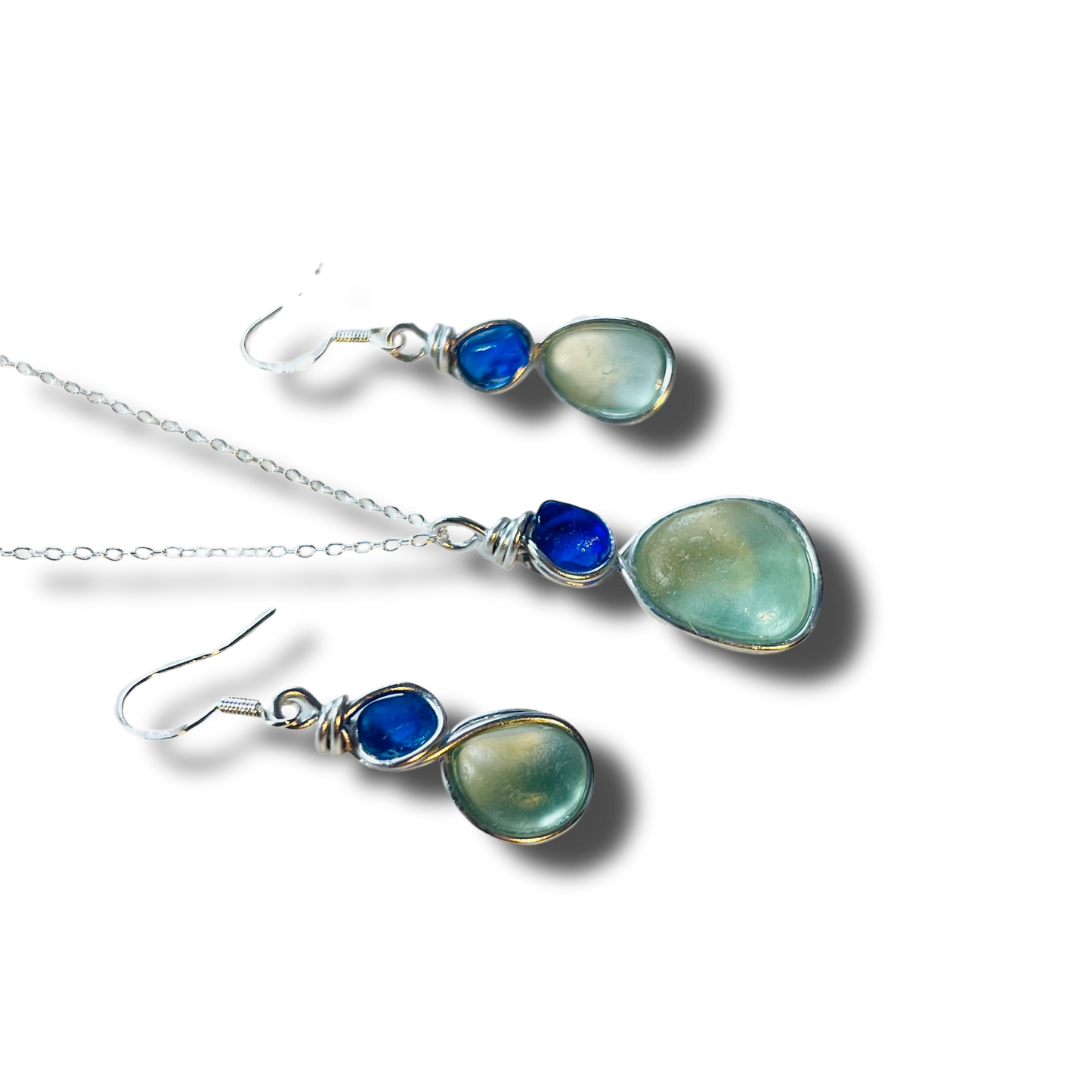 Aqua and Blue Seaham Sea Glass Jewellery Set