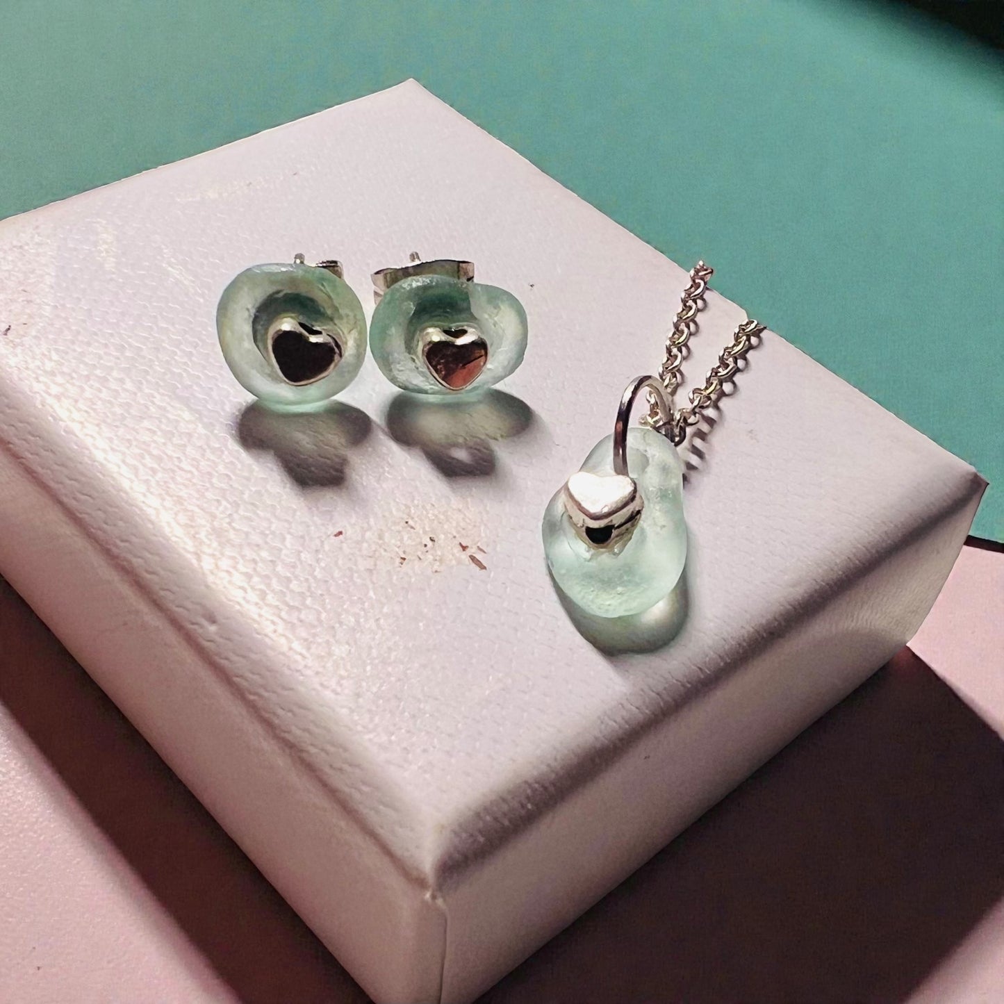 Cute Aqua Seaham Sea Glass Jewellery & Heart  Set