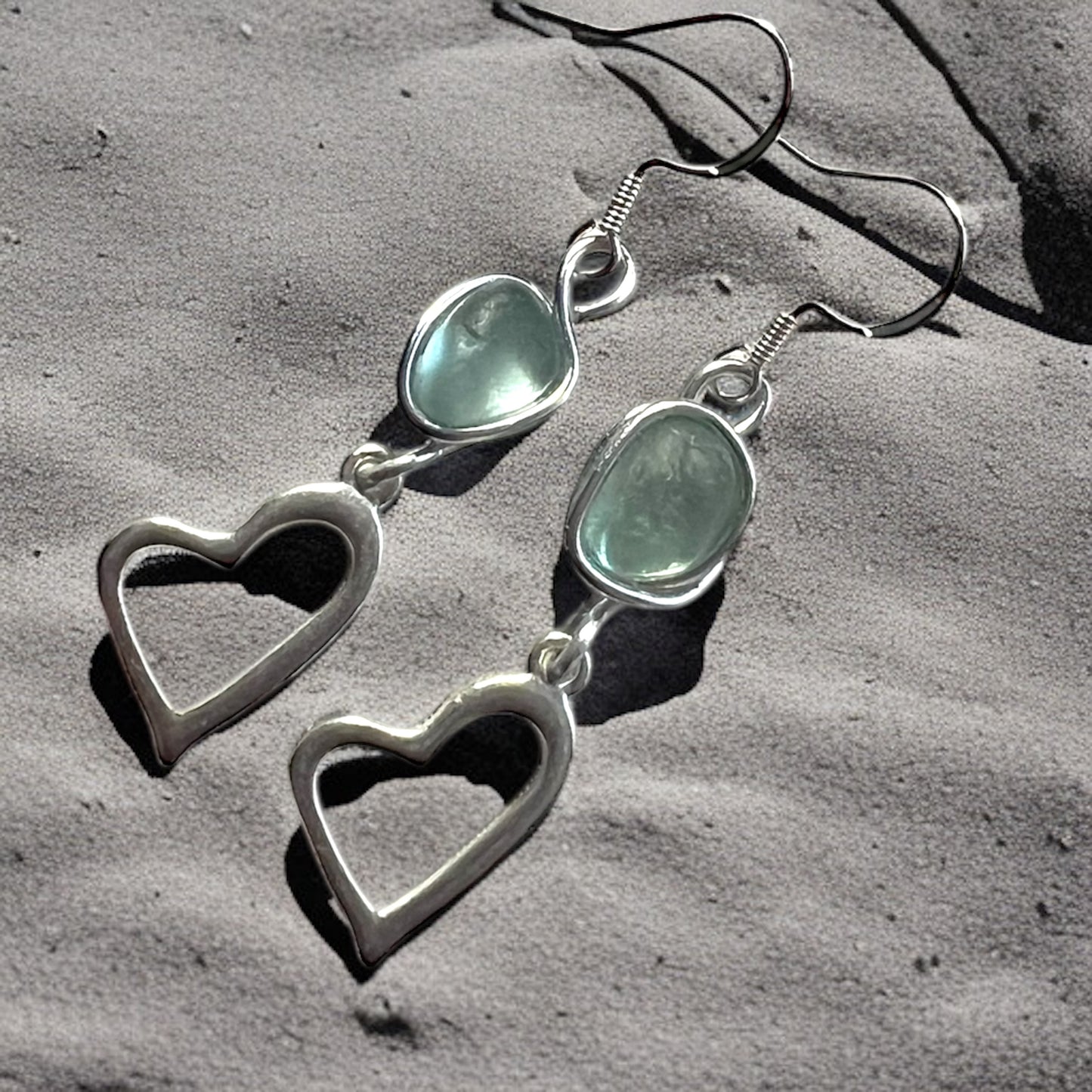 Sea Glass and Heart Dangly Earrings
