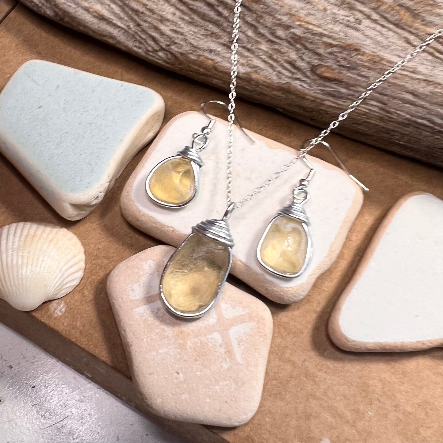 Pale Yellow Seaham Sea Glass Jewellery Set