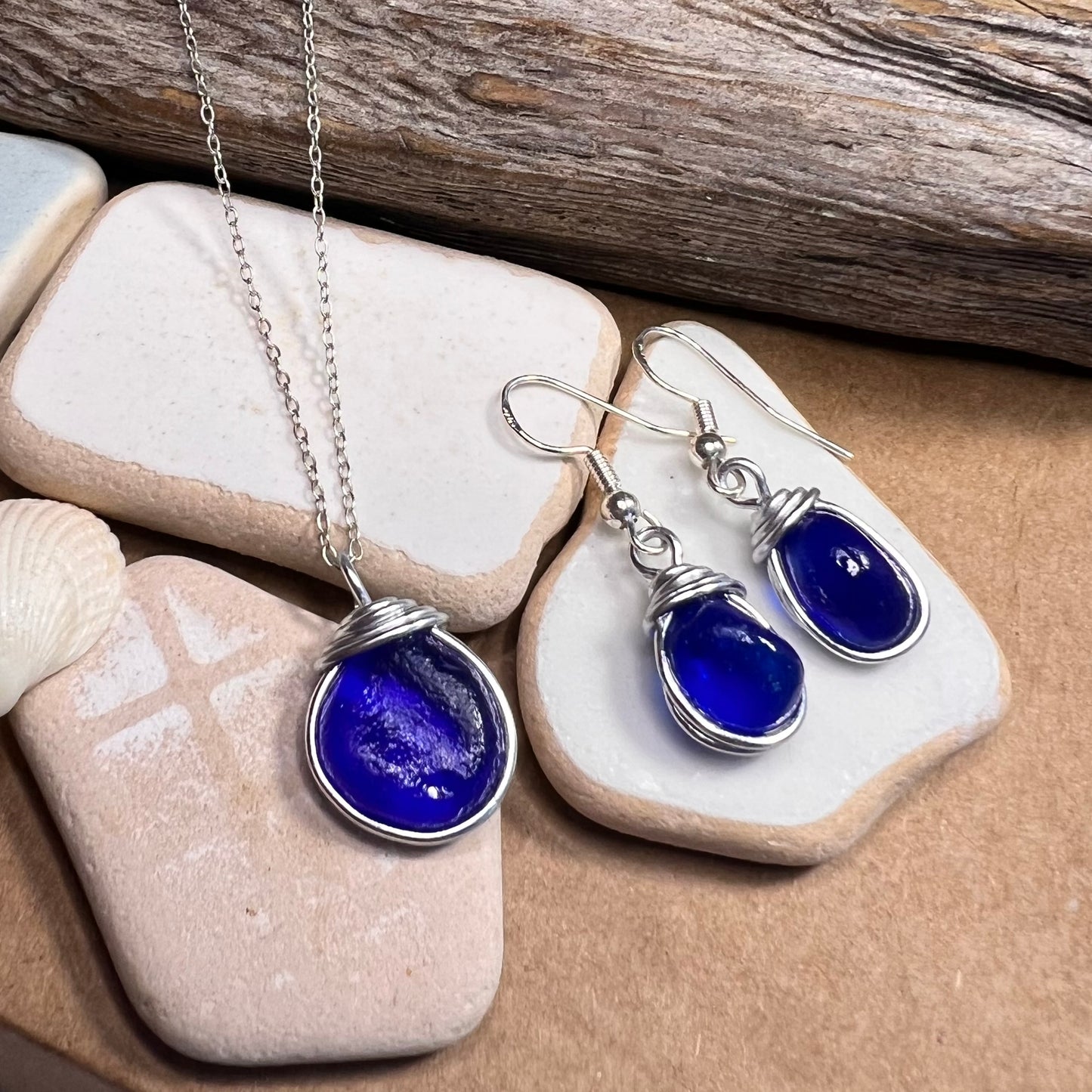 Deep Blue Seaham Sea Glass Jewellery Set