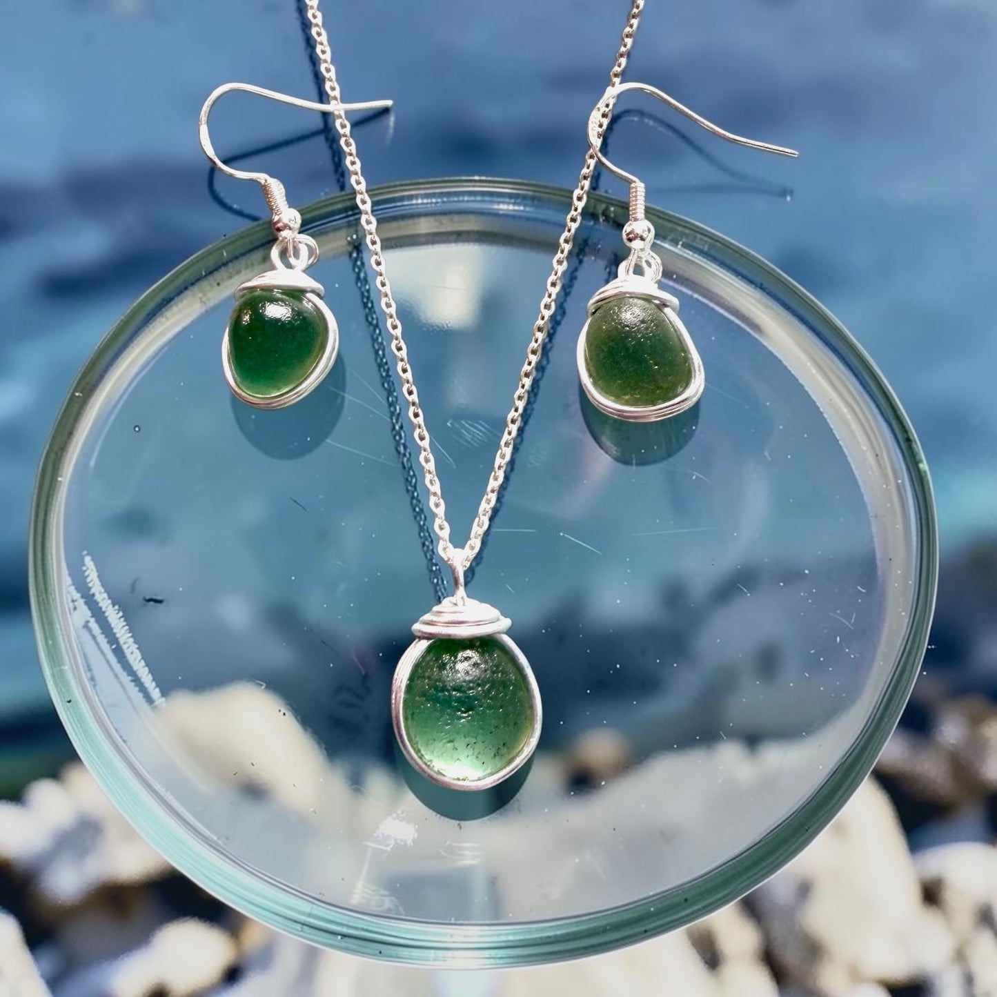 Pale Green Seaham Sea Glass Jewellery Set