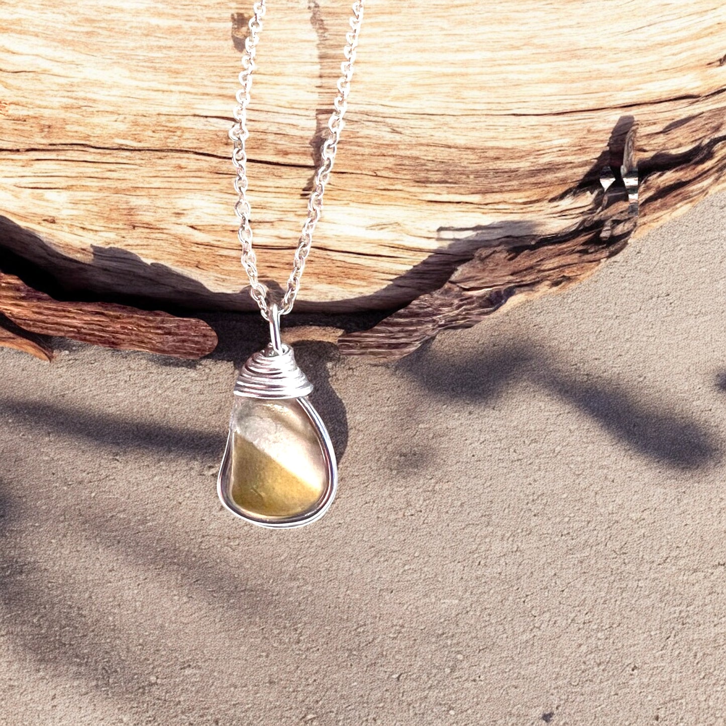 Rare Olive Stripes Green Seaham Sea Glass Chunky Pendant