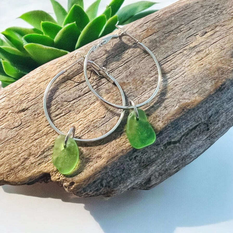 Bright Green Cornish Sea Glass Hoop Earrings