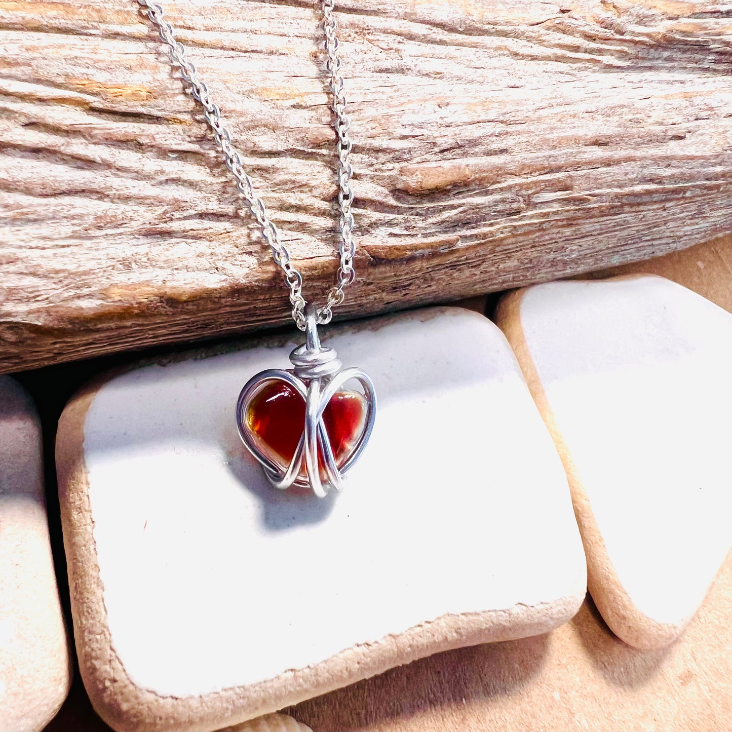 Small Rare Orange Tones Seaham Sea Glass Heart Pendant
