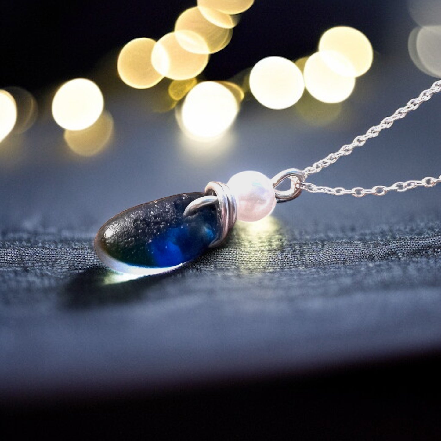 Deep Blue and Green Seaham Sea Glass Multi Pendant