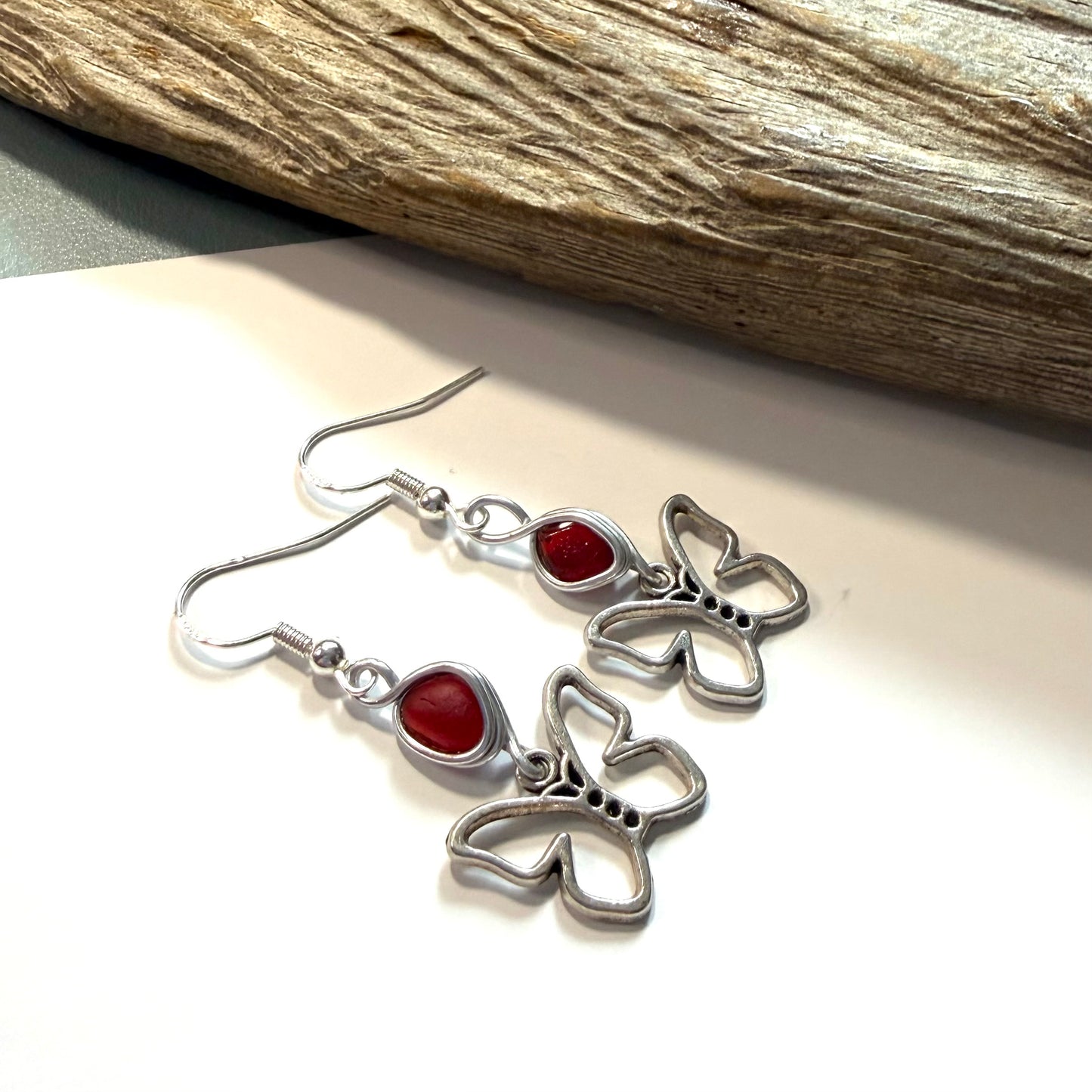 Rare Red Seaham Sea Glass Butterfly Charm Earrings