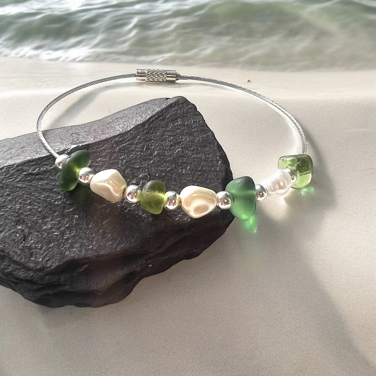 Seaham Sea Glass and Glass Pearl Bracelet