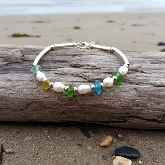 Seaham Sea Glass and Glass Pearl Bracelet