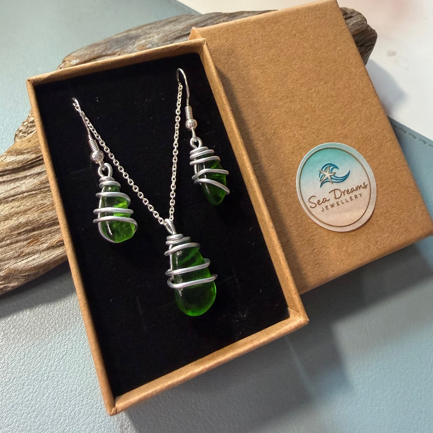 Green Seaham Sea Glass Jewellery Set
