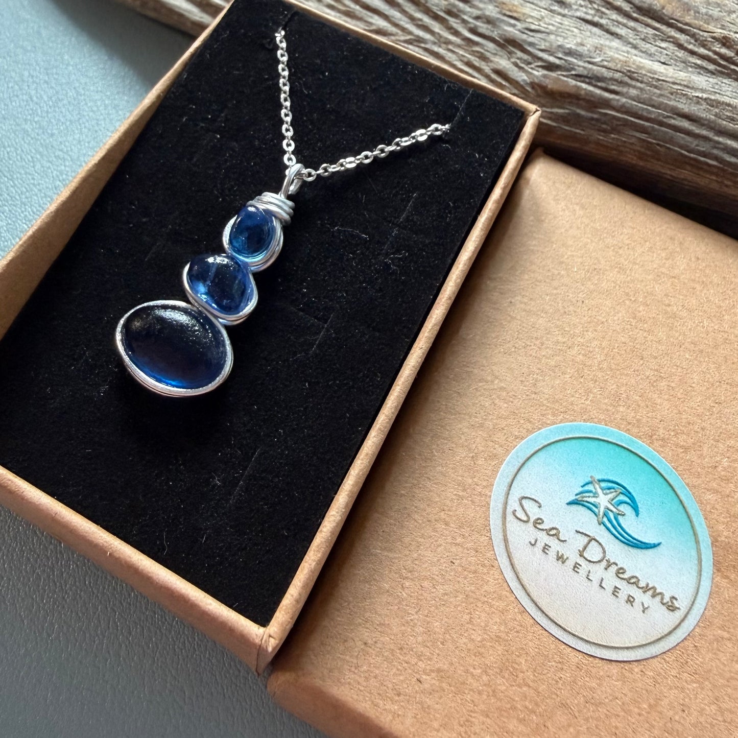 Blue Three Piece Seaham Sea Glass Pendant