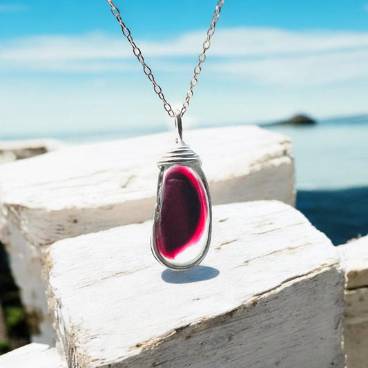Large Rare Deep Red Seaham Sea Glass Multicolour Pendant